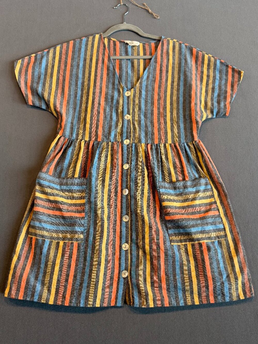 Entro Striped Babydoll Smock Dress Button Front Patch Pockets Boho M